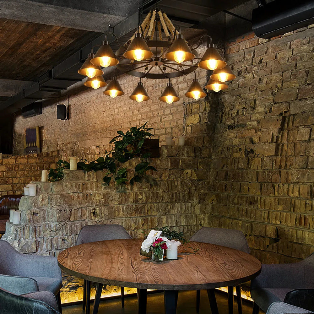 Bymaocar 12 Lights Hemp Rope Vintage Industrial Chandelier Ceiling Light Rustic Wheel Large Pendant Light Fixture Fit  Cafe Bar