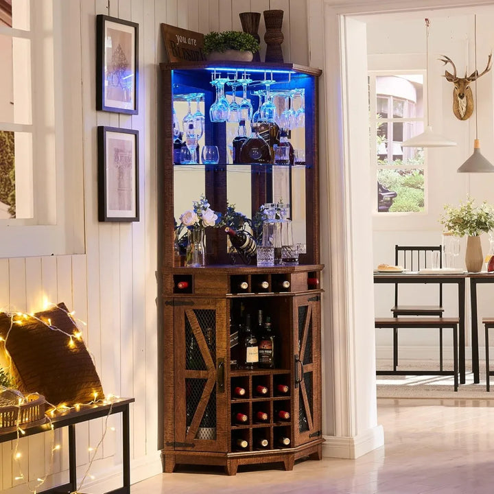 corner bar storage cabinet, 72" tall farmhouse wine cabinet w/barn door & adjustable shelf, home bar w/led light & glass rack f