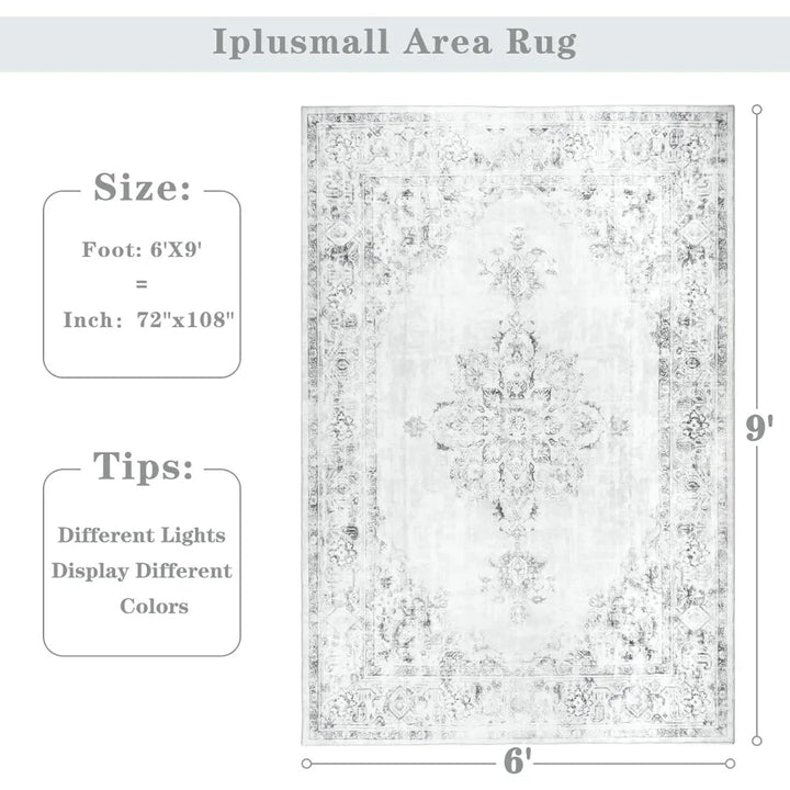 6x9 Washable Area Rug for Living Spaces, Large Bedroom Rugs, Vintage-Style Dining Room Floor Coverings, Non-Slip Soft Low Pile C