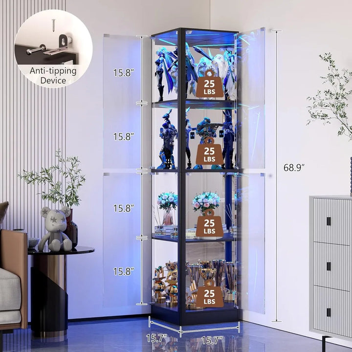 Illuminated Glass Door Display Cabinet, 68 Corner Curio Cabinet with 4-Tier Glass Shelves for Collectibles, Toys, and Books
