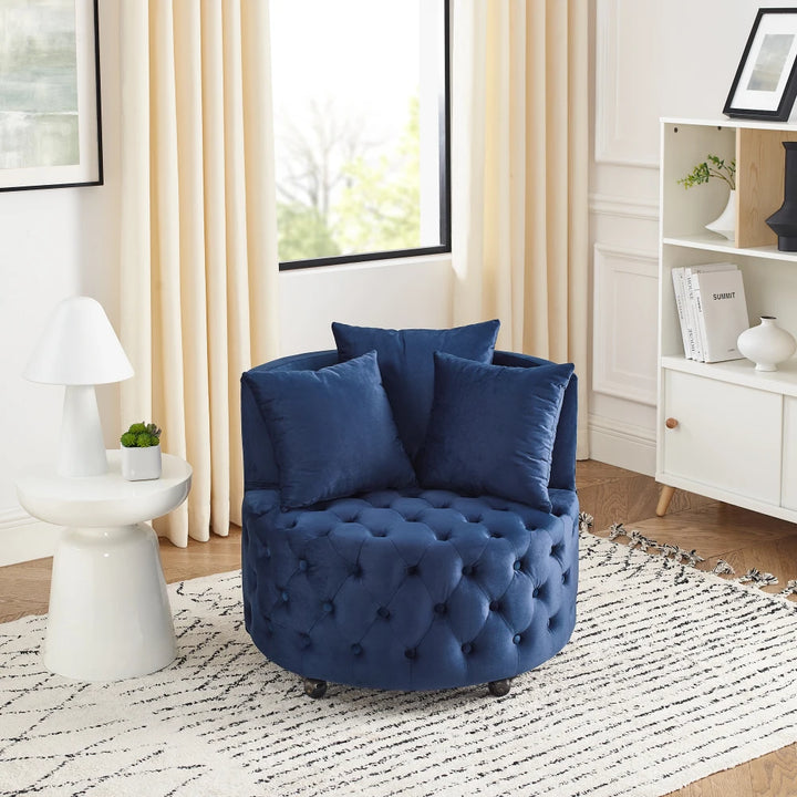 Velvet Upholstered Swivel Chair for Living Room, with Button Tufted Design and Movable Wheels, Including 3 Pillows, Black
