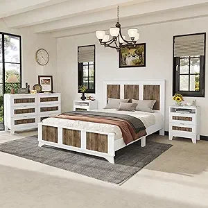 4 Piece Queen Bedroom Set, Queen Size Platform Bed with Wooden Strip Stickers Decoration, 2 Nightstands and Dresser, 4 Piece Fa