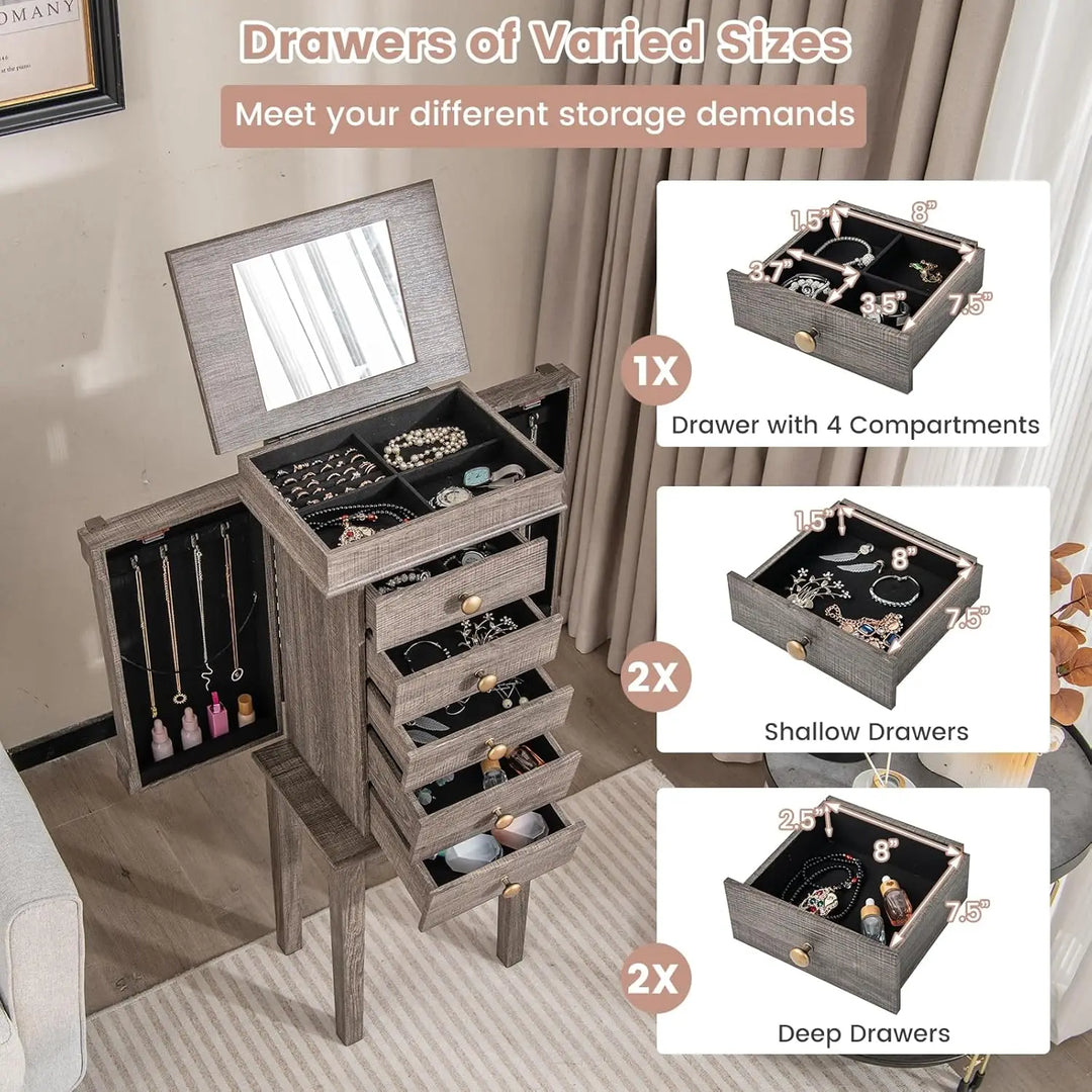 Jewelry Cabinet Armoire with 5 Drawers, 2 Side Doors with 8 Necklace Hooks, Top Flip Mirror, 4-Compartments Organizer, Standing