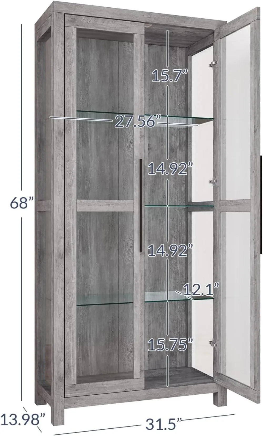 68" Height Curio Cabinet, Tall Glass Display Cabinet with Adjustable Shelves for Living Room, Trophy Display Case