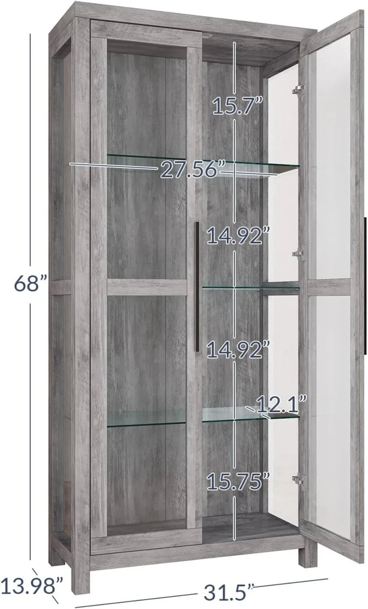 68" Height Curio Cabinet, Tall Glass Display Cabinet with Adjustable Shelves for Living Room, Trophy Display Case