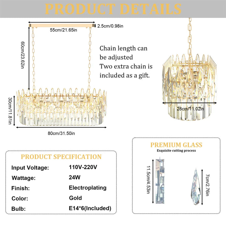 LUVODI Luxury Rectangle Crystal Chandelier Lamp Raindrop Design Pendant Ceiling Light Fixtures for Homes Hotel