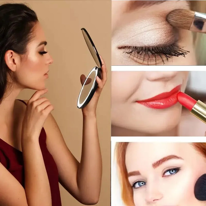 LED Travel Makeup Mirror, Lighted Compact Make Up Mirror With One Side Enlarged, 2X/5X Magnification, Handheld, Double Sided, Po