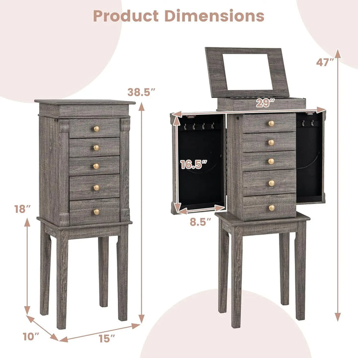 Jewelry Cabinet Armoire with 5 Drawers, 2 Side Doors with 8 Necklace Hooks, Top Flip Mirror, 4-Compartments Organizer, Standing