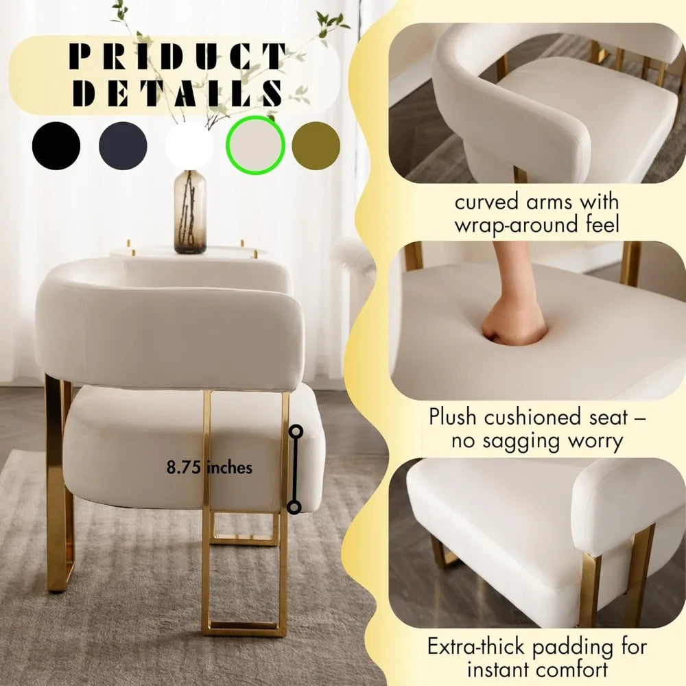 Modern Velvet Accent Chairs Set of 2, Upholstered White Barrel Armchair Living Room Chair with Gold Metal Legs Comfy Corner Sofa