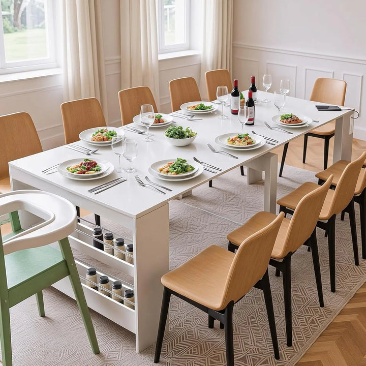 expandable dining table seats 2-12, space-saving design with storage for gatherings and events
