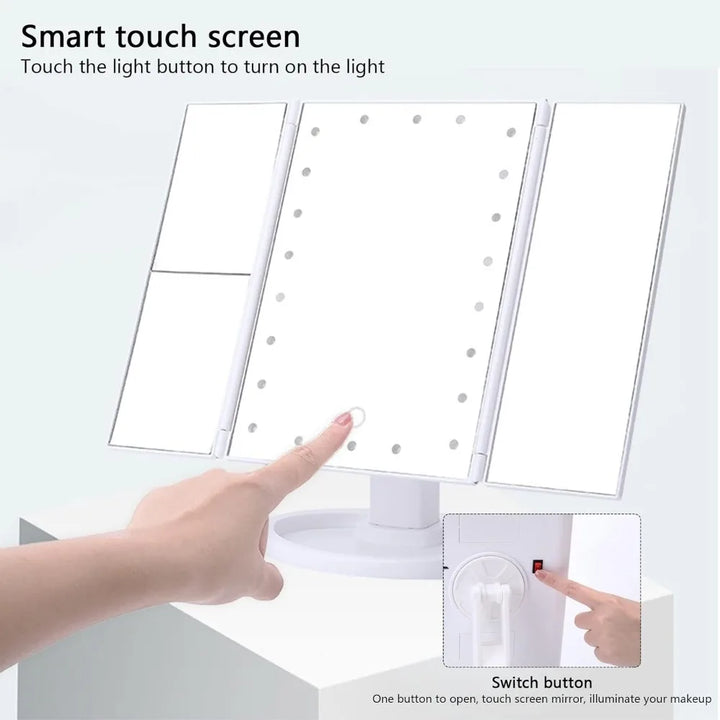 LED Vanity Makeup Mirror with Touch Control, Adjustable Lighting 1X, 2X, 3X Magnification, Trifold Design Ideal Gift for Women