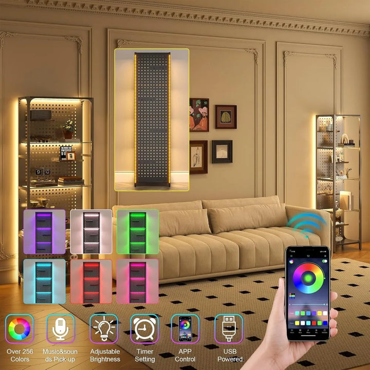 Glass Display Shelf for Collectibles, LED Black Curio Cabinet, Lighted Tall Narrow Pegboard Steel Frame for Gaming Room, Floor L