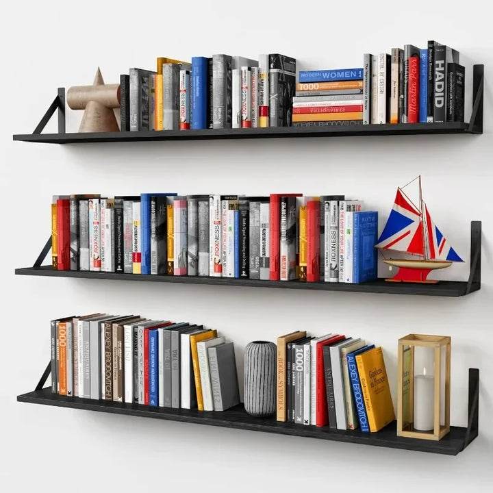 48 Inches Long Floating Book Shelves for Wall Set of 3, Black Wall Bookshelves for Living Room, Hot-Sell!-NEW