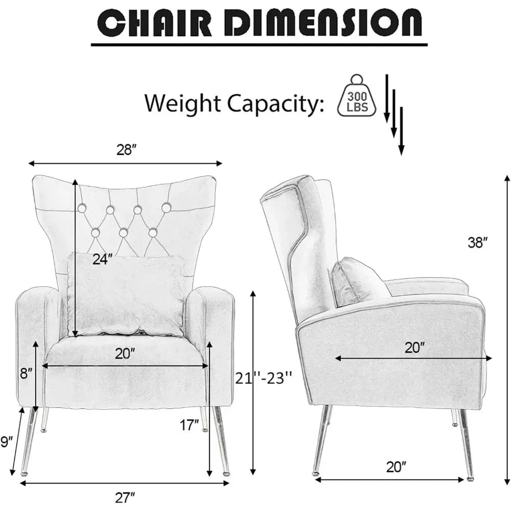 Velvet Accent Arm Chair, Mid-Century Modern Living Room Chair, Wingback Bedroom Side Chair with Gold Legs & Pillow, Button-Tufte