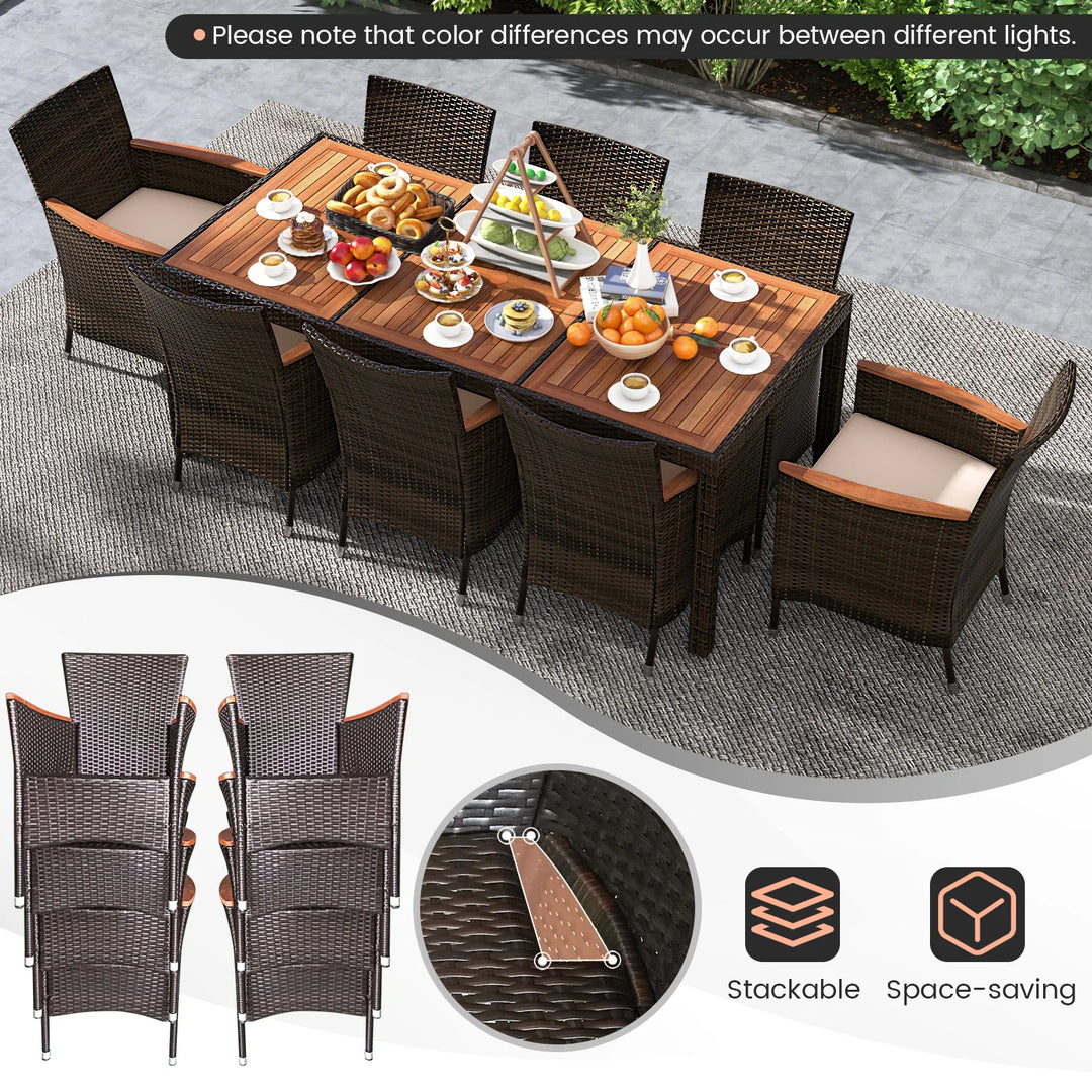 9PCS Patio Wicker Dining Set Acacia Wood Table Top Umbrella Hole Cushions Chairs