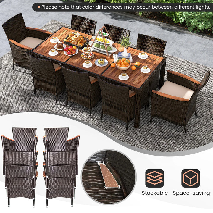 9PCS Patio Wicker Dining Set Acacia Wood Table Top Umbrella Hole Cushions Chairs