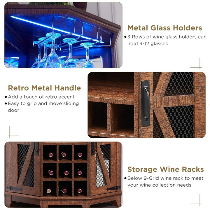 corner bar storage cabinet, 72" tall farmhouse wine cabinet w/barn door & adjustable shelf, home bar w/led light & glass rack f