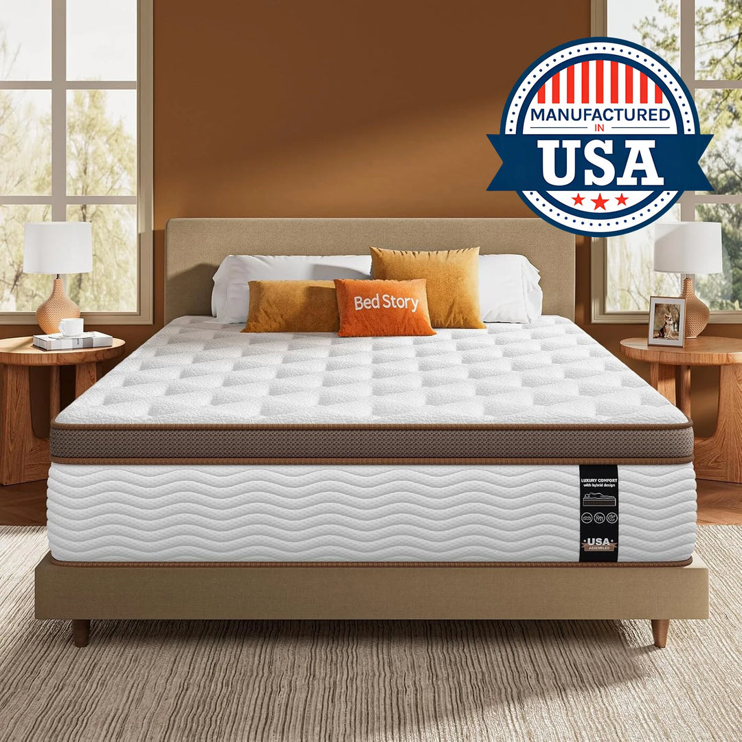 BedStory 12-14'' Hybrid Queen Size Mattress - Full/King - Medium Firm - Gel Memory Foam & Innersprings for Comfortable Sleep