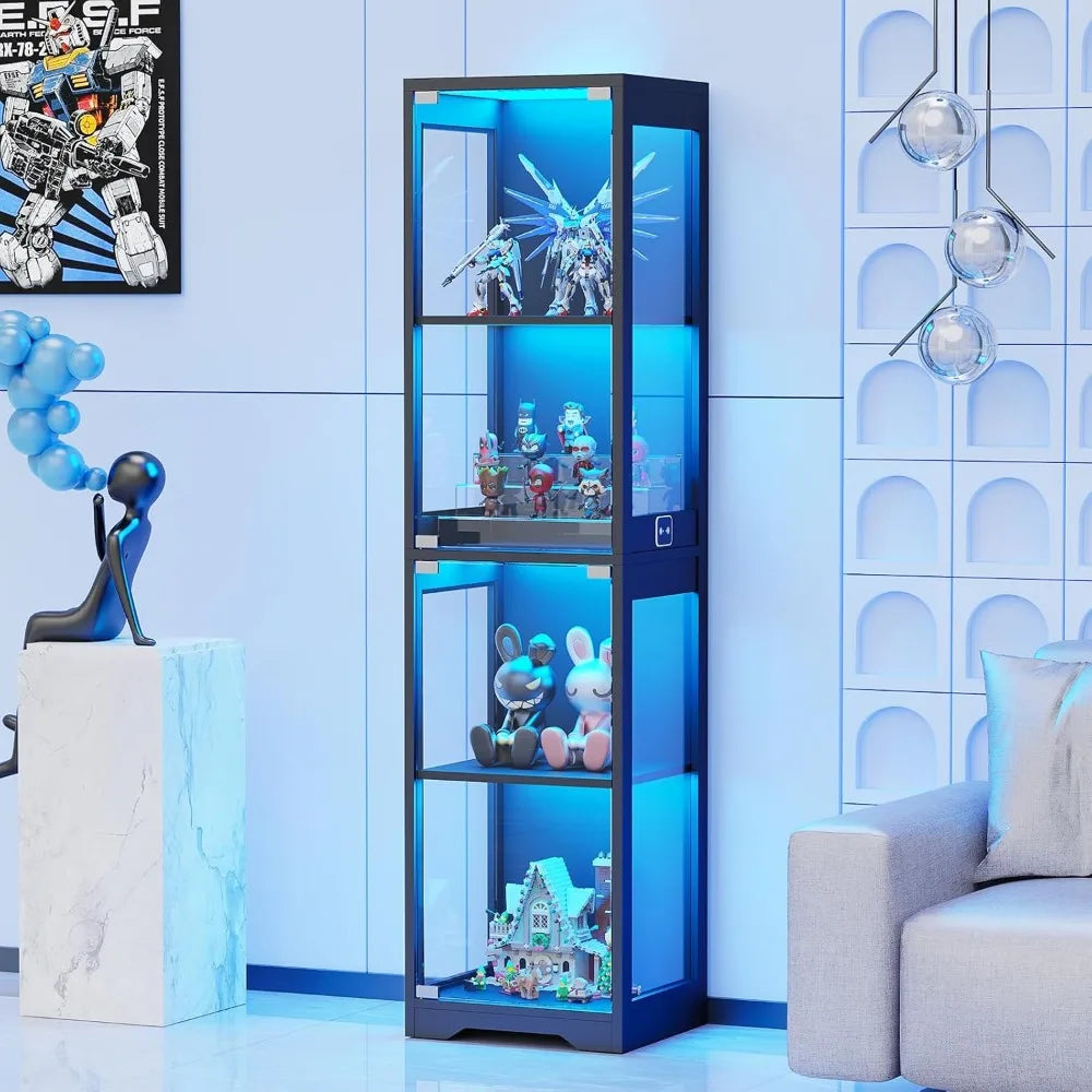 Glass Display Cabinet, 4-Tier Curio Cabinets with 3 Color Lights for Collectibles, Storage Cabinet with Door, Glass Display Case