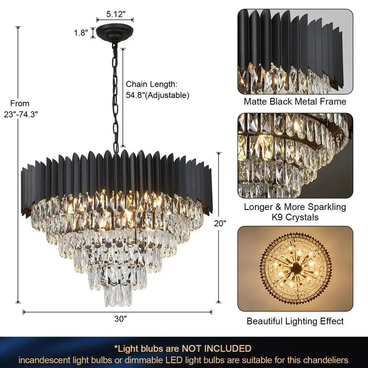 Modern Luxury Black Crystal Chandelier 30" 16-Light Round Fixture High Ceiling Pendant Foyer Living Room Dining Kitchen Hotel