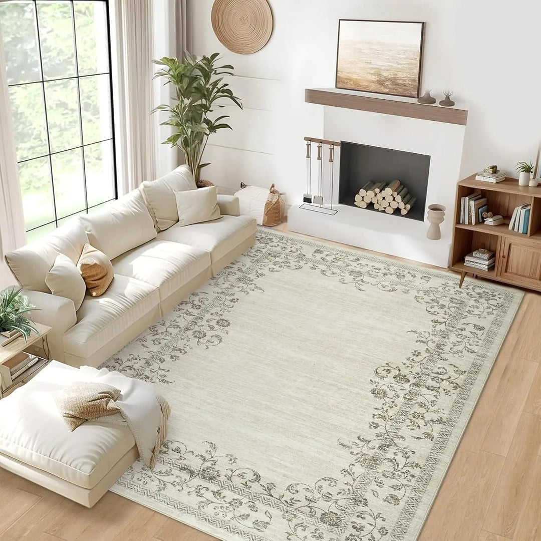 Washable Area Rug for Bedroom Farmhouse Rugs for Living Room Indoor Floral Bordered Large Rug Soft Carpet for Dining Room Office