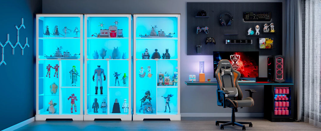 71” Display Cabinet with Glass Doors, Modern Curio Cabinet with 3 Color Lights, 7-Tiers Glass Display Cases for Collectibles,