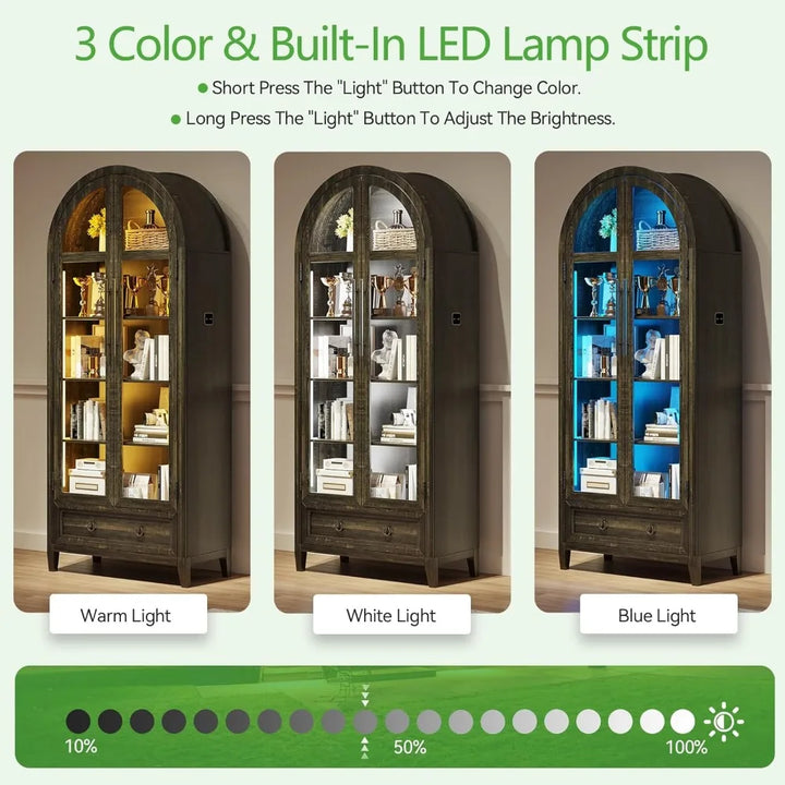 Tall Arched Display Cabinet with Lights, 71" Bookcase with Adjustable Shelves, Modern Storage Organizers with Glass Door, Kitch