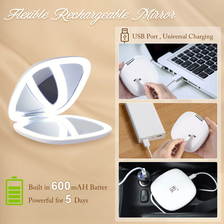 Compact Small Mini Gift Vanity Table Folding LED Lights Portable Hand Held Pocket Makeup Mirror 1X 10X magnifying