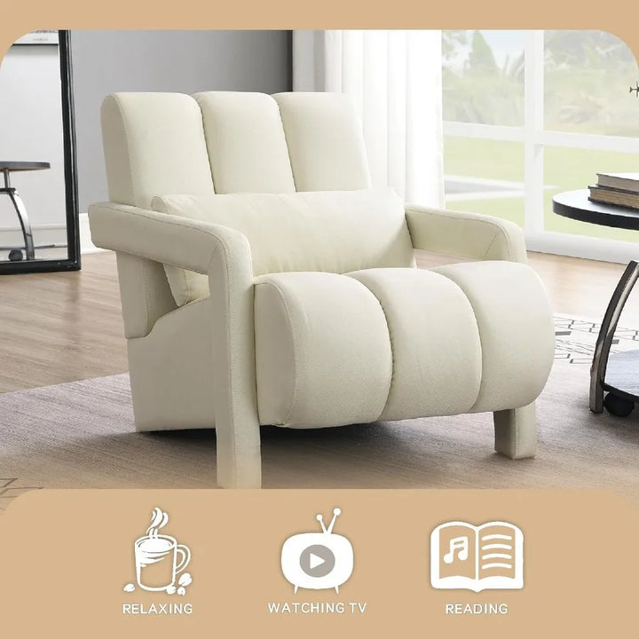 Modern Upholstered Accent Chair with Pillow Linen Fabric Comfy Chair for Living Room Bedroom and Small Spaces Beige