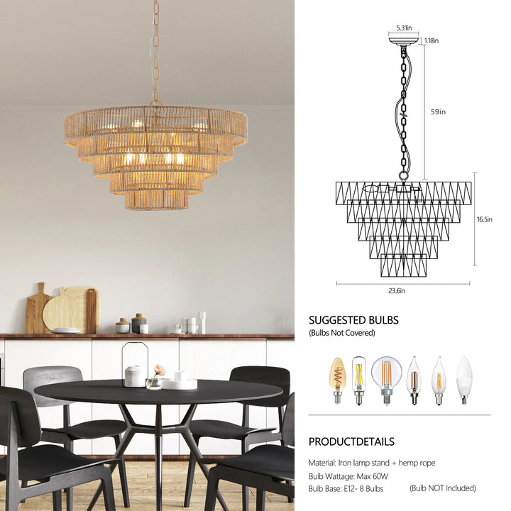 Bohemian style Woven Pendant Light 23.6 Inch Rattan Ligh Large Rattan Pendant Light with 5-Tier Rattan Chandelier