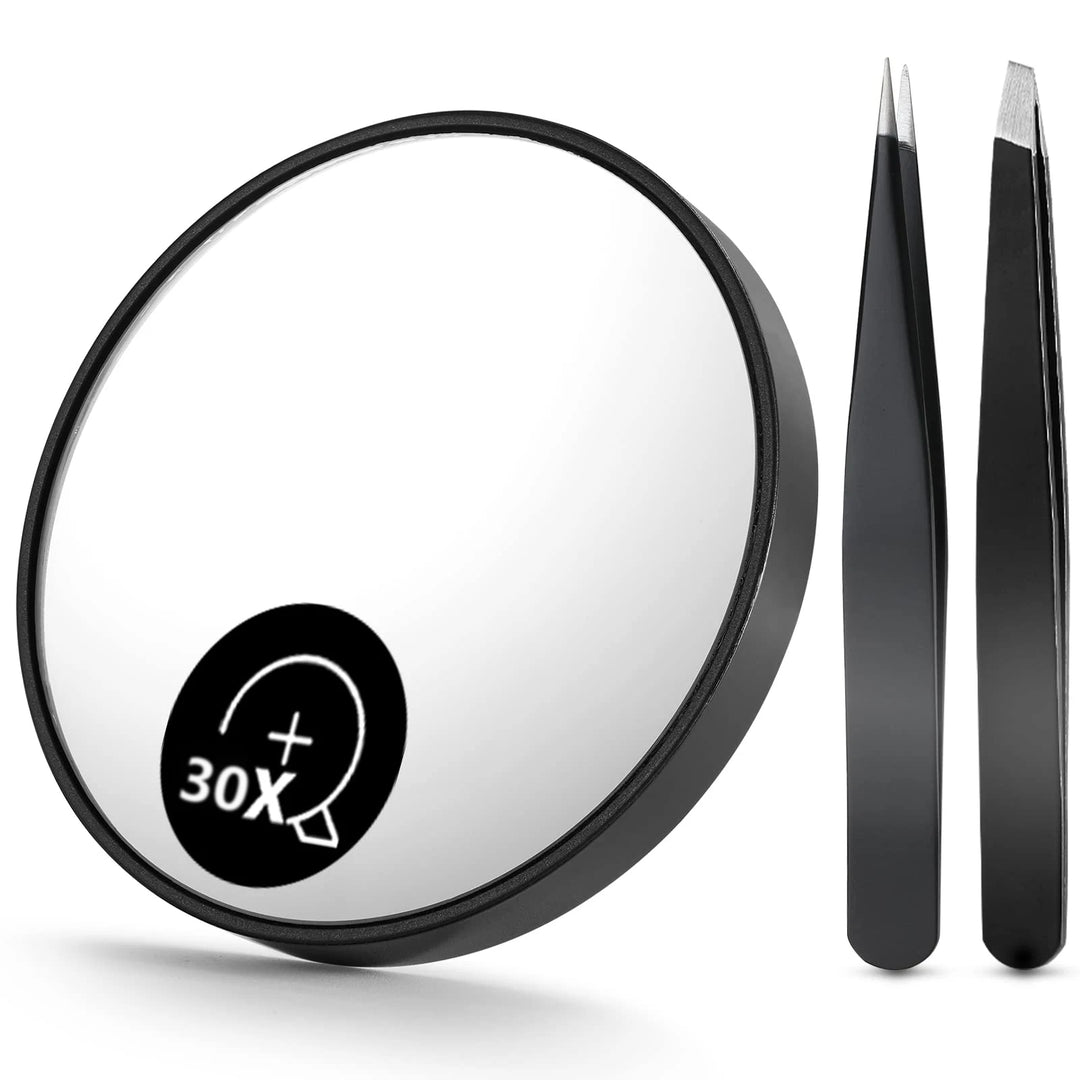 30X Magnifying Mirror, Small Magnifying Mirror with Suction Cup and Tweezers, As a Travel Mganifying Mirror, Compact Mirror Set