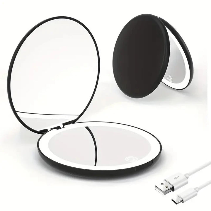 LED Travel Makeup Mirror with 2X/5X Magnification, Portable Lighted Compact Mirror, Double-Sided Folding Design with Enlarged Si