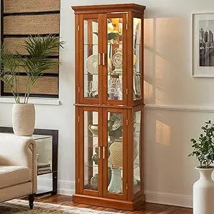 Lighted Glass Display Cabinet, 70" Curio Cabinet with Adjustable Glass Shelves Vintage,China Cabinet with 6 Shelves for Living R