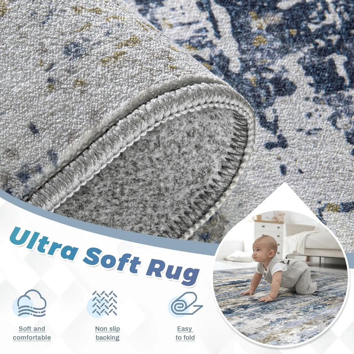 8x10 Washable Modern Abstract Neutral Area Rug - Soft, Non-Slip, Low-Pile Indoor Carpet for Living Room and Bedroom