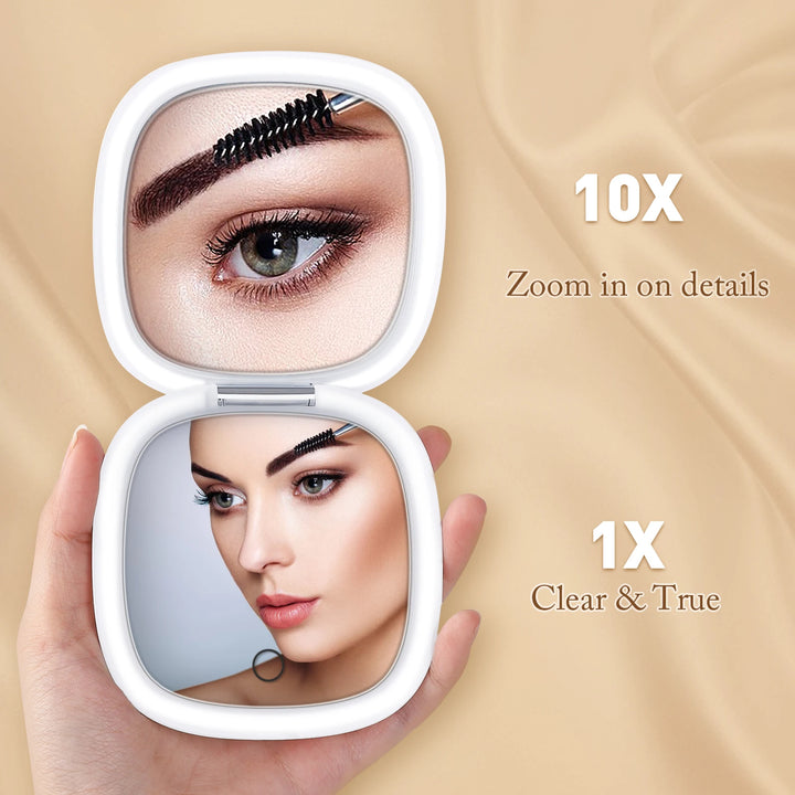 Compact Small Mini Gift Vanity Table Folding LED Lights Portable Hand Held Pocket Makeup Mirror 1X 10X magnifying