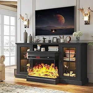 59'' Fireplace TV Stand, 3 Sided Glass Media Entertainment Center Console Table for TVs up to 65'' with Glass Door Adjustable F