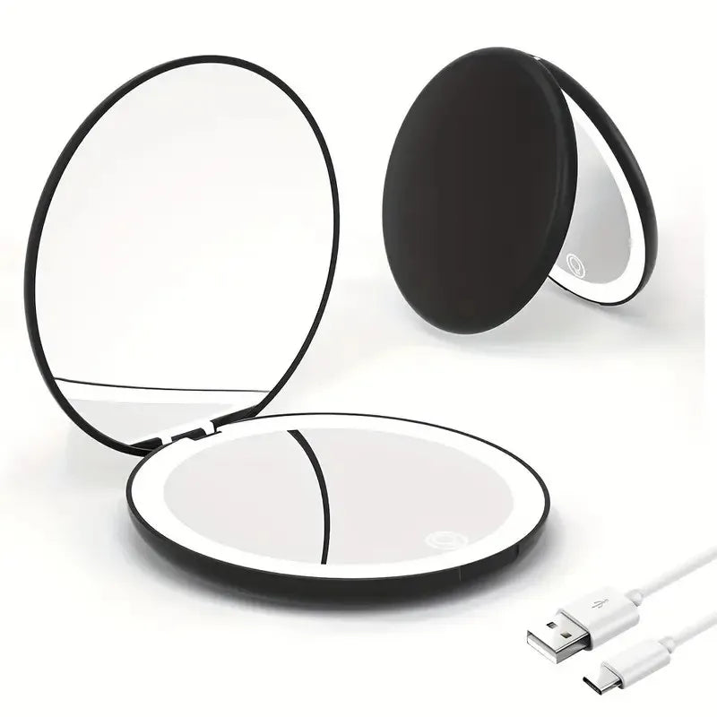 LED Travel Makeup Mirror, Lighted Compact Make Up Mirror With One Side Enlarged, 2X/5X Magnification, Handheld, Double Sided, Po