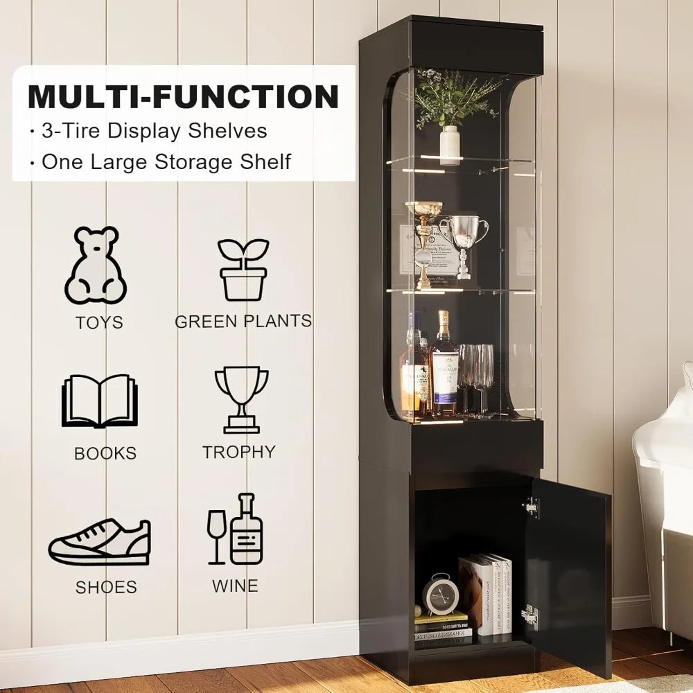 Curio Display Cabinet with Glass Door, 3-Tier Display Case with 7 Color Led Lights, 70.87'' Lighted Curio Cabinet for Collectibl