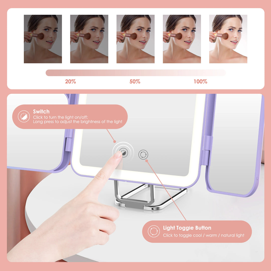 SEJOY Makeup Mirror with Lights, 1X 3X 7X Magnifying Mirror, Touch Control, Trifold Makeup Mirror, Portable LED Makeup Mirror
