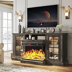 59'' Fireplace TV Stand, 3 Sided Glass Media Entertainment Center Console Table for TVs up to 65'' with Glass Door Adjustable F