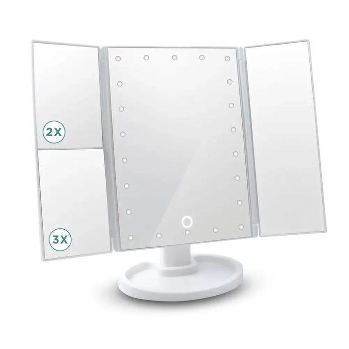 LED Vanity Makeup Mirror with Touch Control, Adjustable Lighting 1X, 2X, 3X Magnification, Trifold Design Ideal Gift for Women