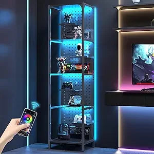 Glass Display Shelf for Collectibles, LED Black Curio Cabinet, Lighted Tall Narrow Pegboard Steel Frame for Gaming Room, Floor L