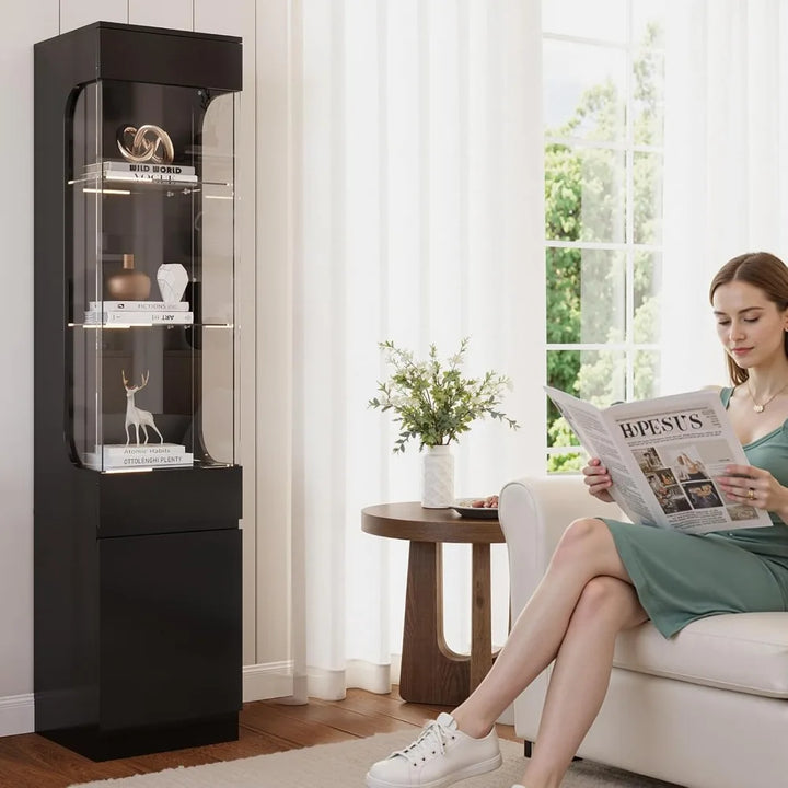 Curio Display Cabinet with Glass Door, 3-Tier Display Case with 7 Color Led Lights, 70.87'' Lighted Curio Cabinet for Collectibl