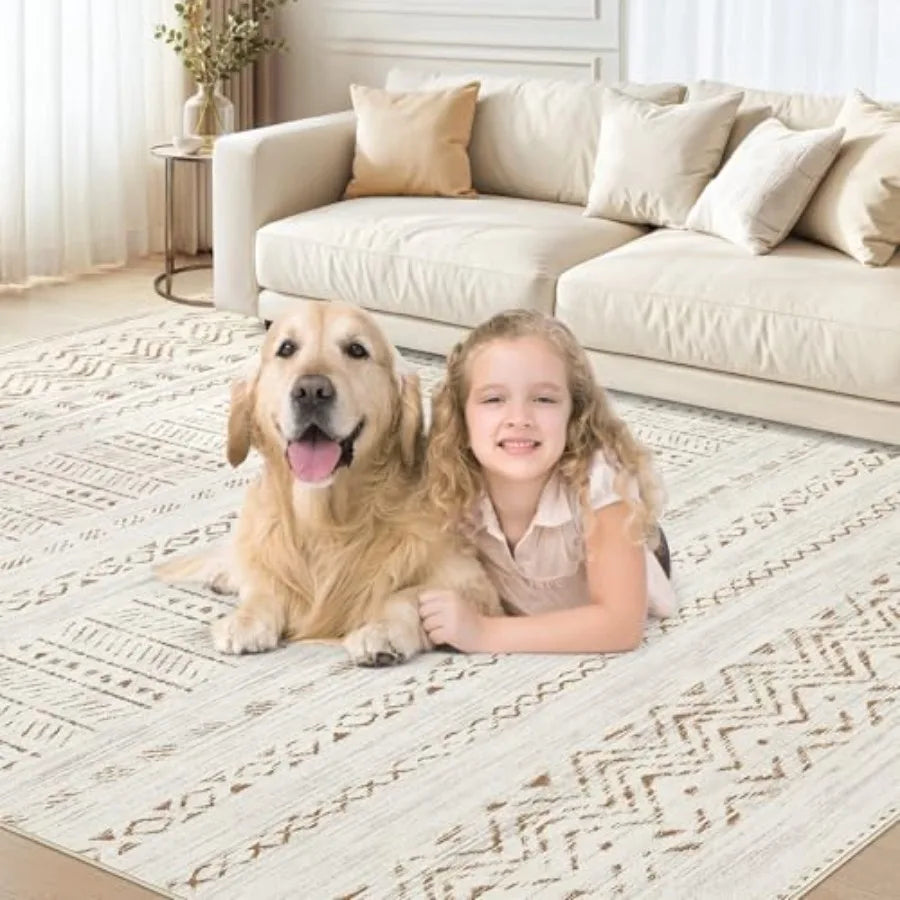 Large Living Room Area Rug 9x12: Soft Machine Washable Boho Moroccan Farmhouse Rugs for Bedroom Under Dining Table NonSlip Neut