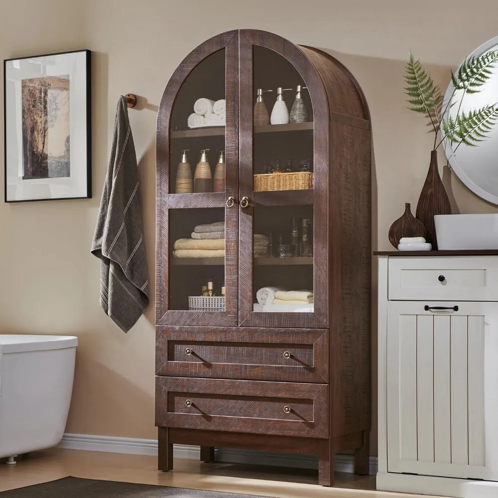 71" Tall Arched Bathroom Storage Cabinet, 4-Tier cabinet w/2 Large Drawers &Adjustable Shelves, Wooden bathroom Floor cabinets