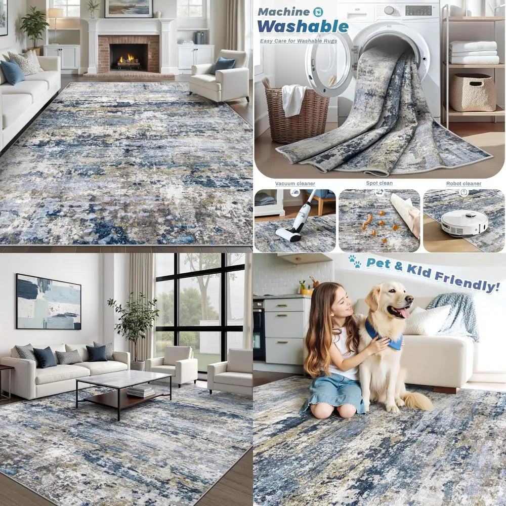 8x10 Washable Modern Abstract Neutral Area Rug - Soft, Non-Slip, Low-Pile Indoor Carpet for Living Room and Bedroom