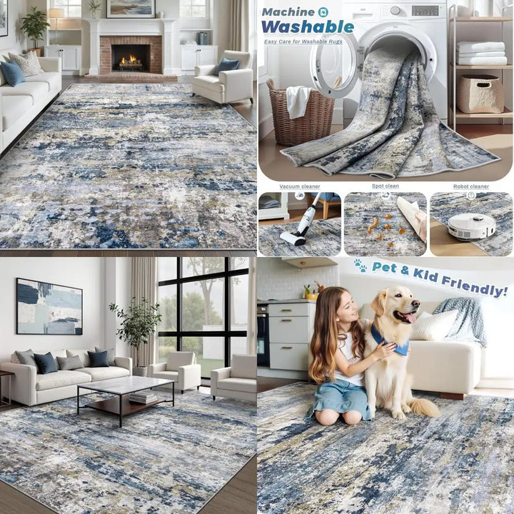 8x10 Washable Modern Abstract Neutral Area Rug - Soft, Non-Slip, Low-Pile Indoor Carpet for Living Room and Bedroom