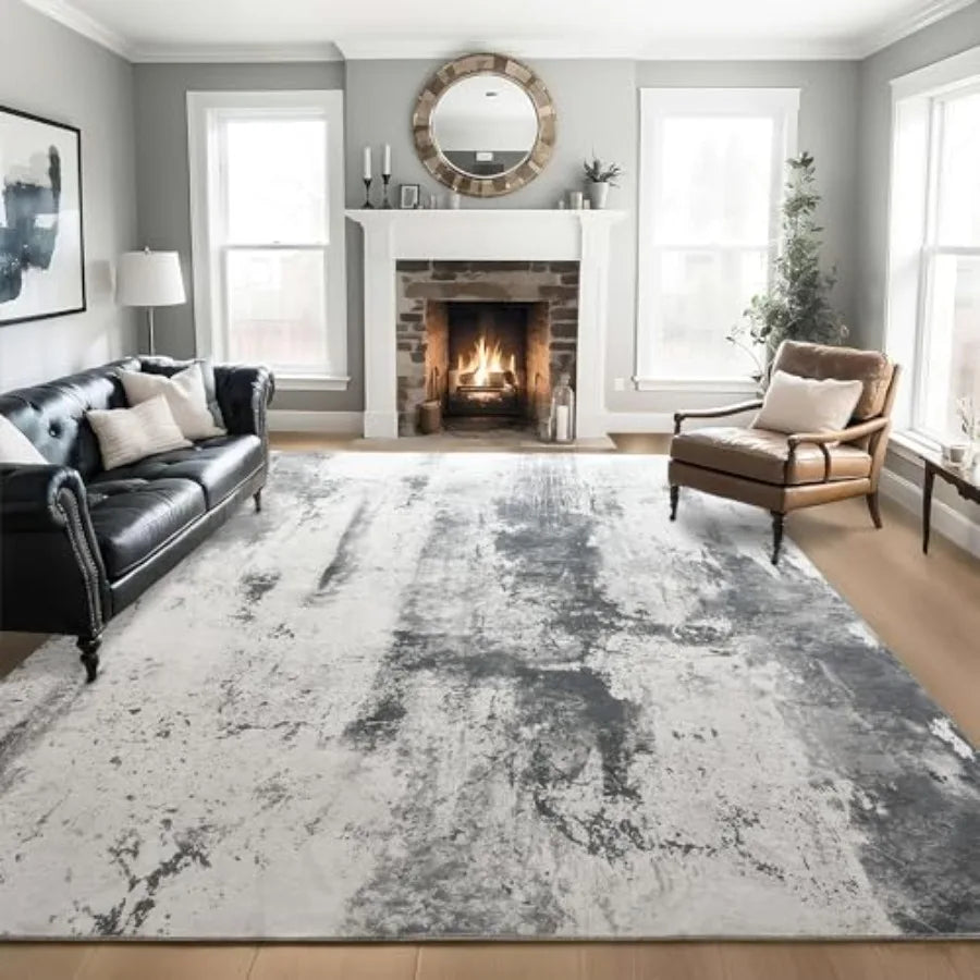 Living Room Rug 7x10 Ink Black Area Rugs Machine Washable Abstract Boho Large Rug NonSlip NonShedding Faux Wool Indoor Vintage