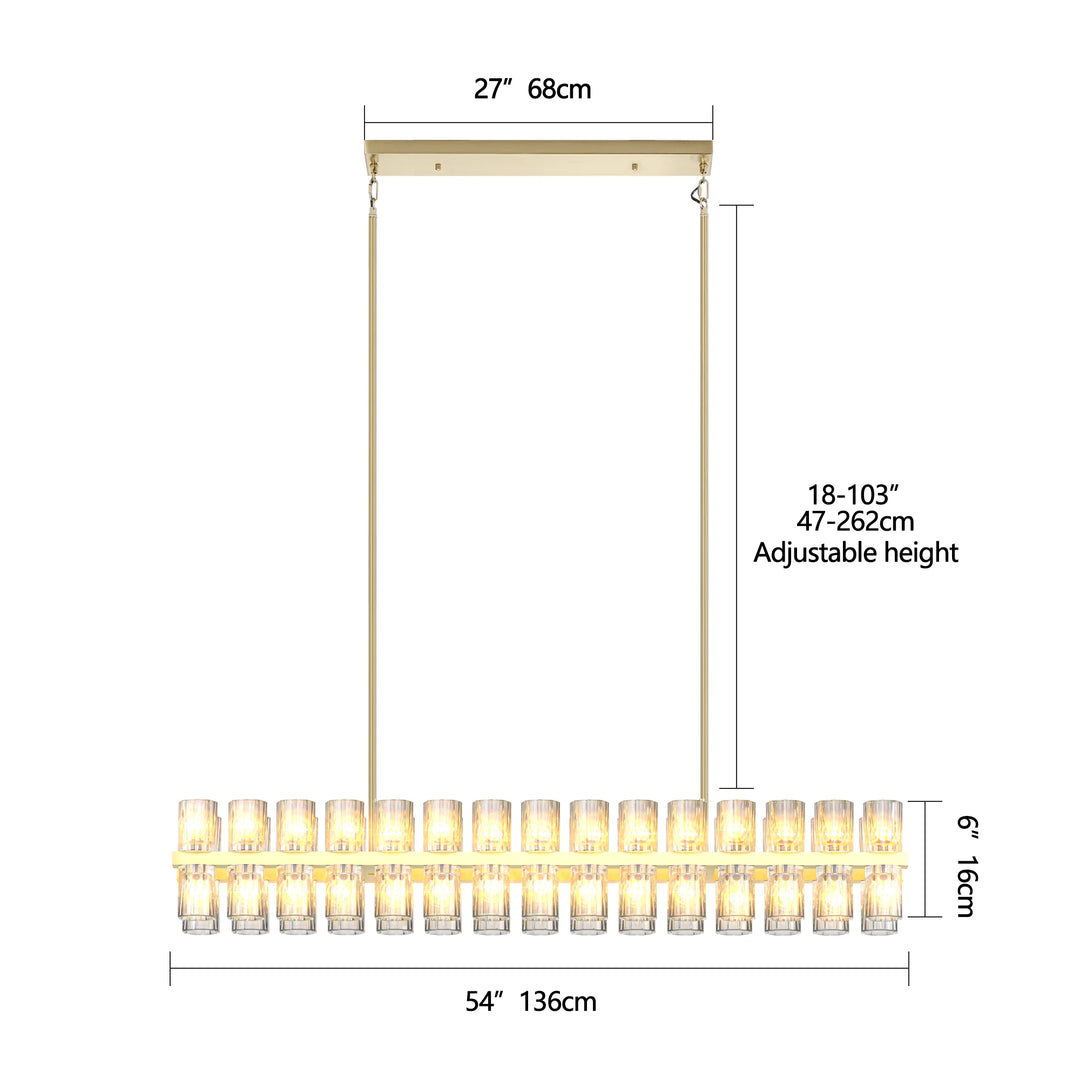 Crystal Gold Rectangular Chandelier for Dining Room, 54in Dining Room Chandelier over Table, Modern Chandelier