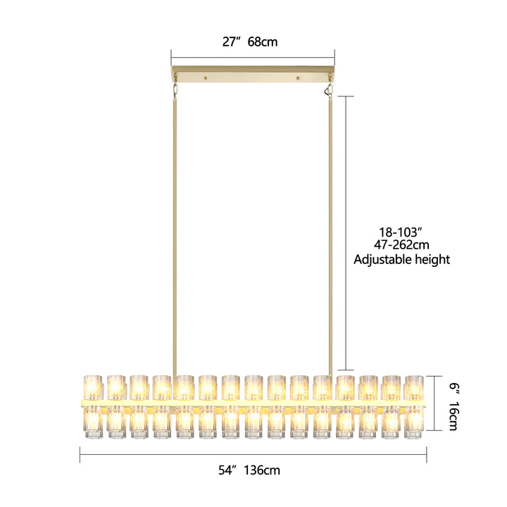 Crystal Gold Rectangular Chandelier for Dining Room, 54in Dining Room Chandelier over Table, Modern Chandelier